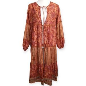 CHELSEA & VIOLET PAISLY ORANGE DUSTER SZ.S EUC.  TASSEL TIES.
